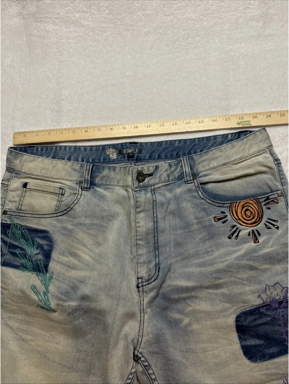 Staple Pigeon Blue Distressed Embroidered Design Bermuda Denim Shorts Mens 38